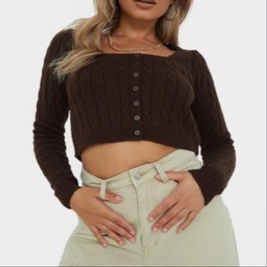 Pretty Little Thing - Petite Chocolate Cable Black Button Up Cropped Cardigan
